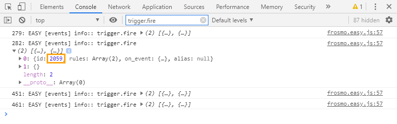 Frosmo Core events for fired triggers in the browser console