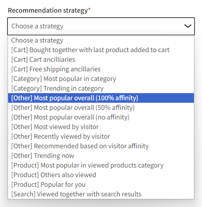 Recommendation strategy selector in a content options UI