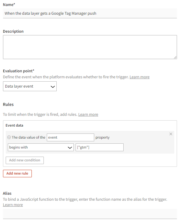 Trigger settings for tracking Google Tag Manager events