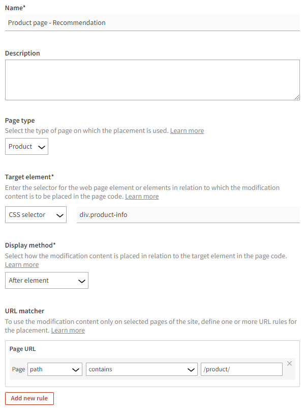 Settings for the recommendation slider placement