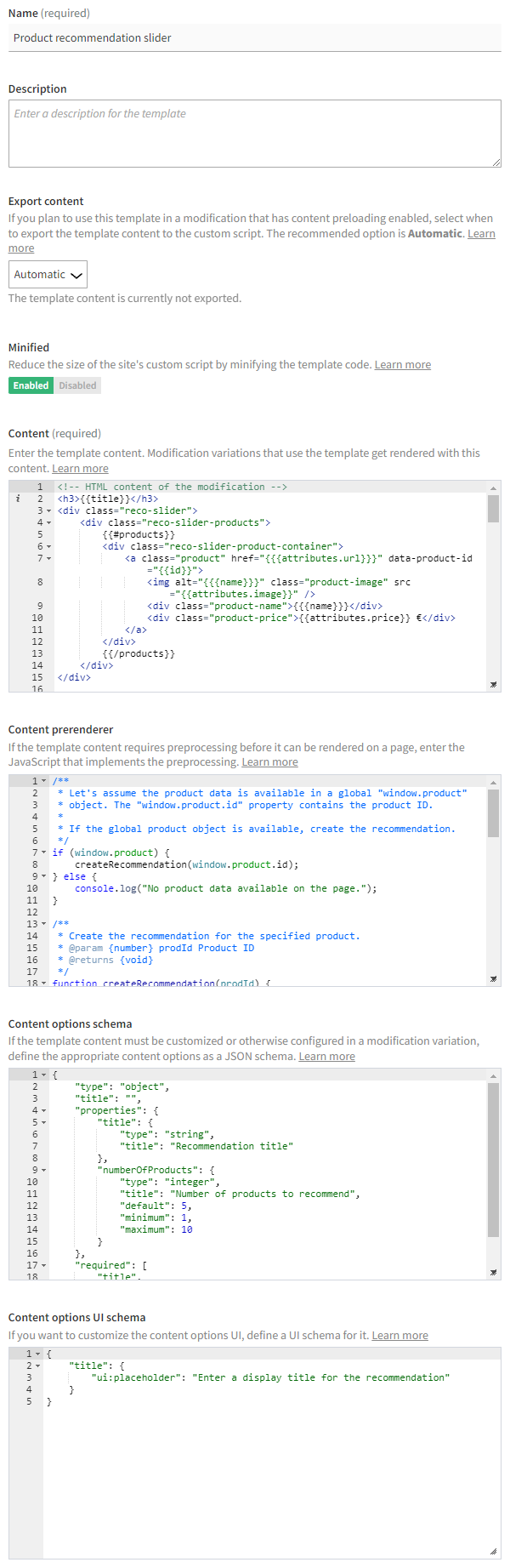 Settings for the recommendation slider template