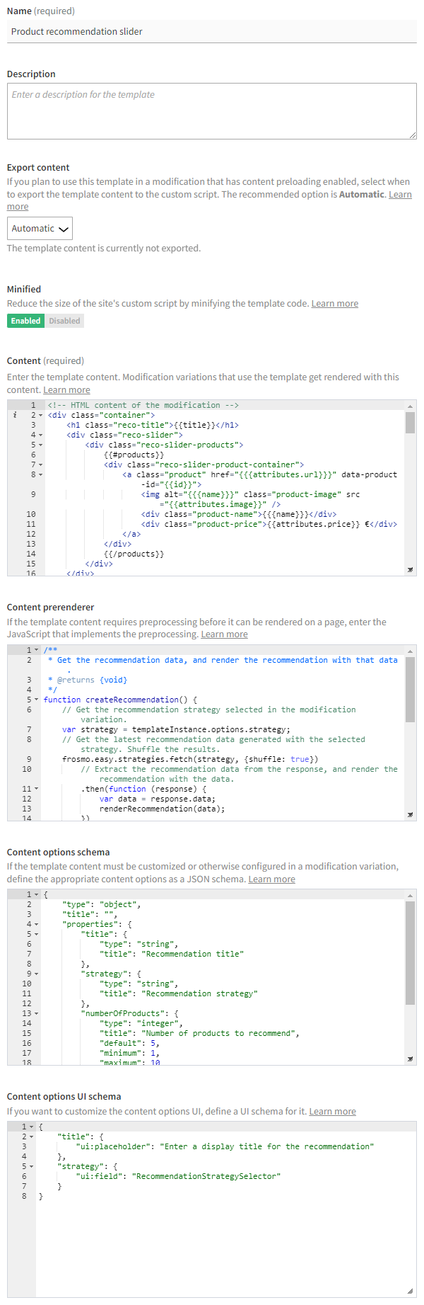 Settings for the recommendation slider template