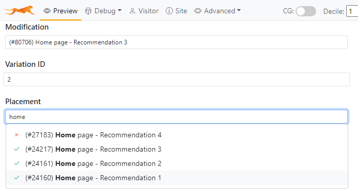 Selecting the placement in which you want to preview the modification