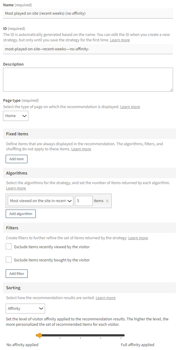 Recommendation strategy settings