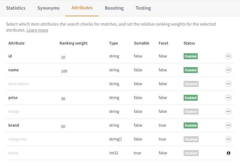 Attribute settings in the search management UI of the Frosmo Control Panel