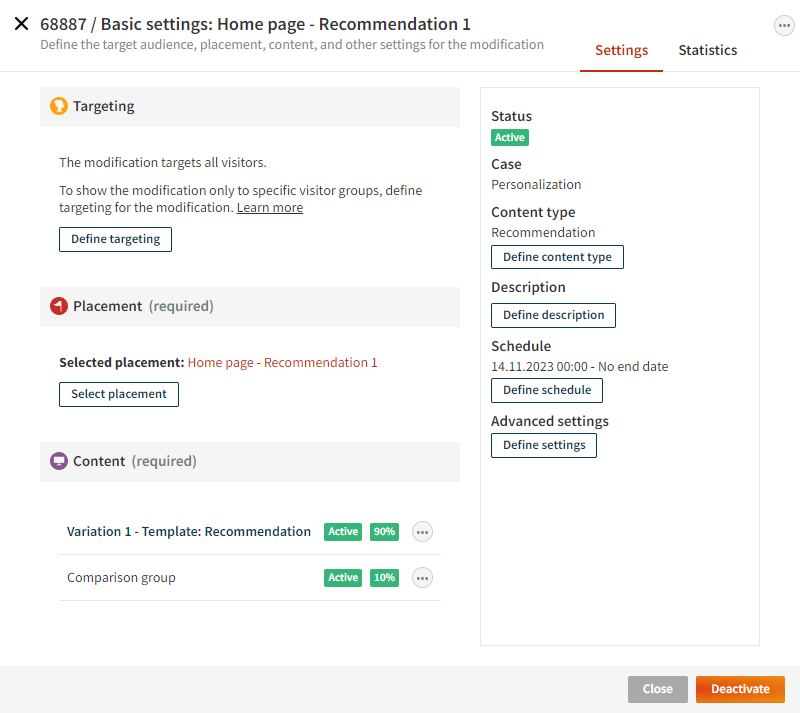 Modification configuration in the Frosmo Control Panel