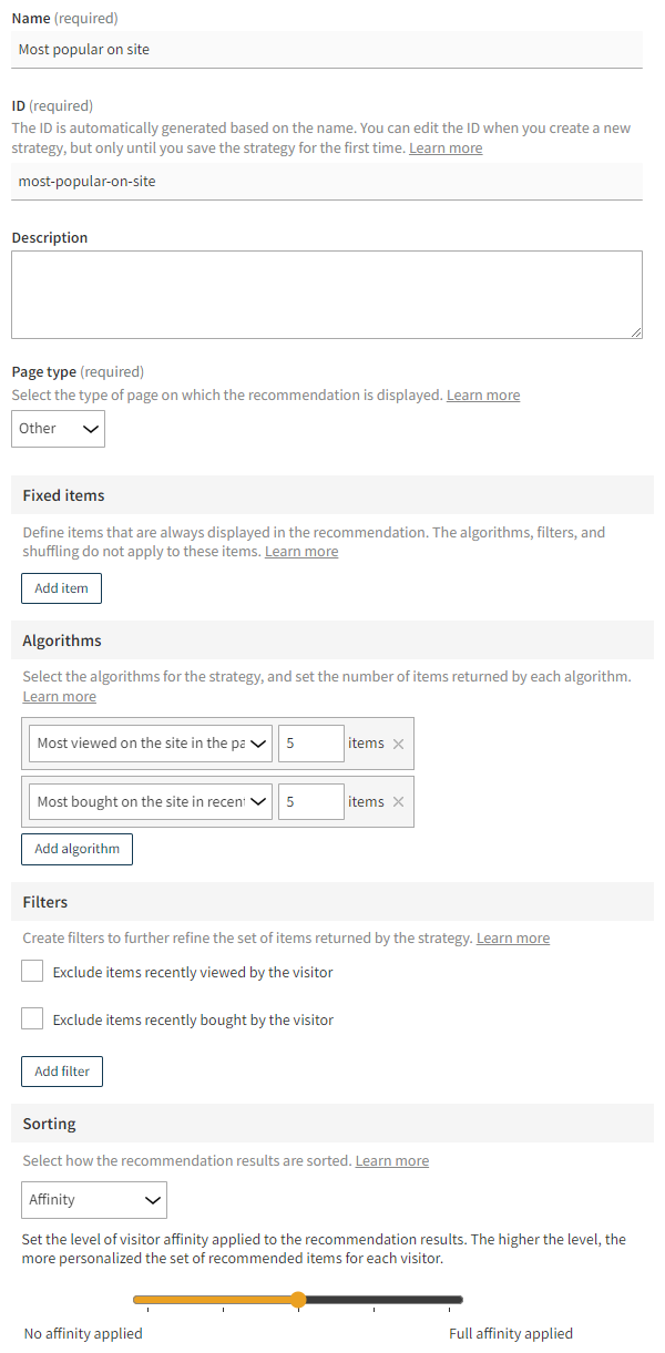 Recommendation strategy in the Frosmo Control Panel