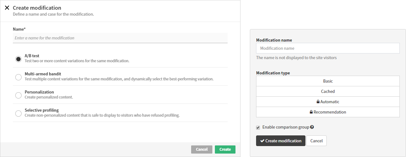 Creating a modification in the new UI (left) and in the old UI (right)