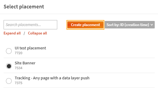 Selecting or creating a placement while defining modification display options