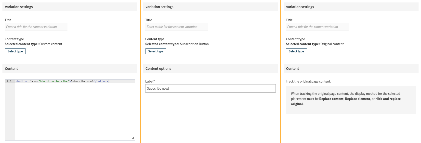 Variation content settings for each content type: custom, template, original