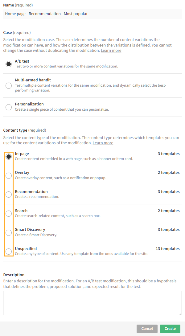 Creating a new modification with content type