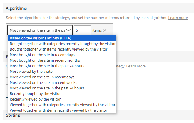 Selecting the affinity algorithm in recommendation strategy settings