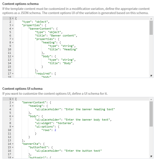 Content options schema and content options UI schema