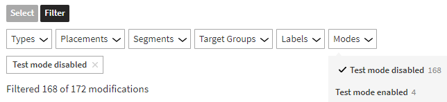 Filtering the modification list to only display modifications not in test mode