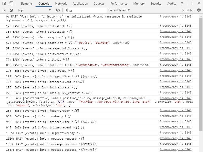 Browser console with Frosmo Core logging enabled