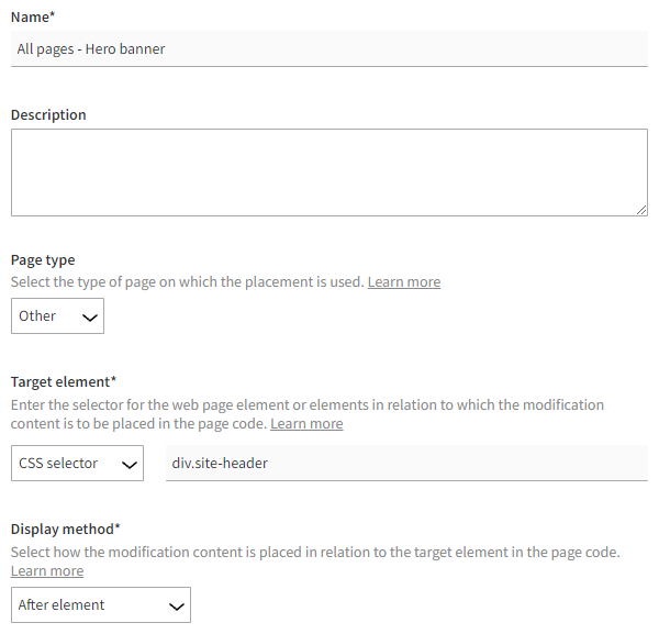 Settings for the hero banner placement