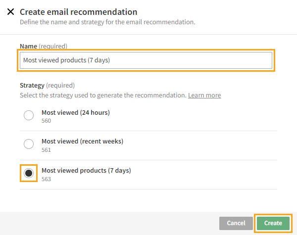 Creating the email recommendation (name and type)