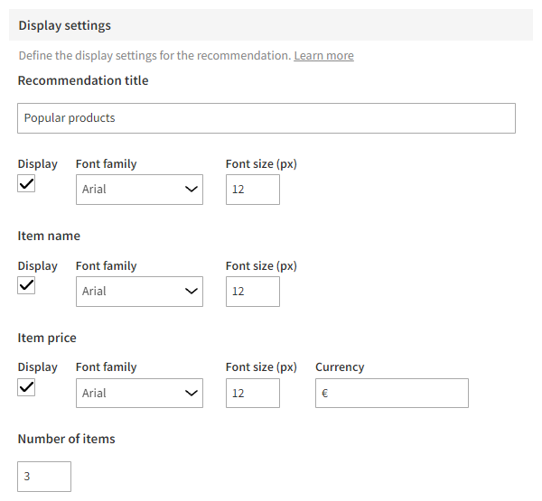 Defining the display settings of the email recommendation