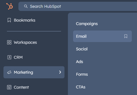 Navigating to marketing emails in HubSpot