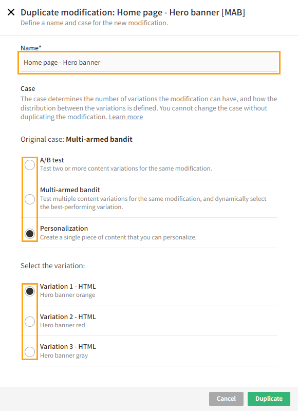 Defining the name, case, and variation for the duplicate modification