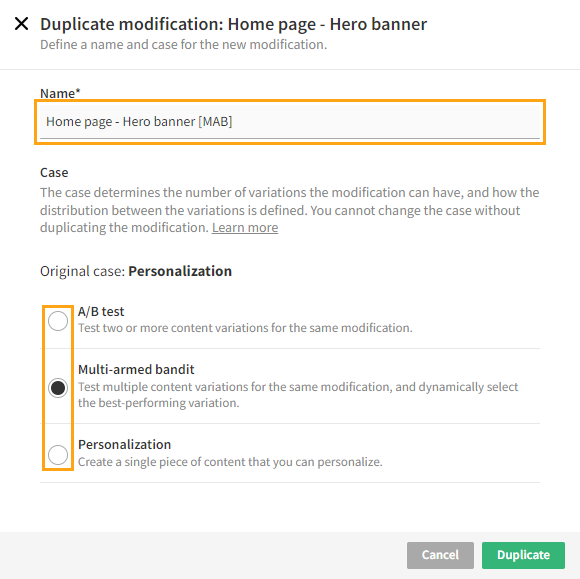 Defining the name and case for the duplicate modification