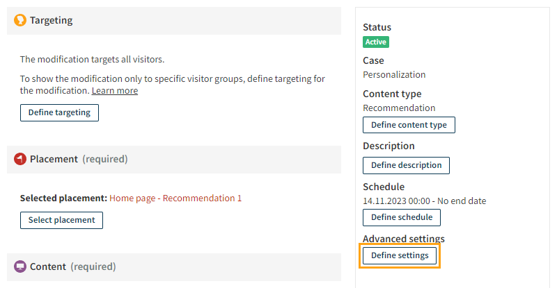 Defining advanced modification settings