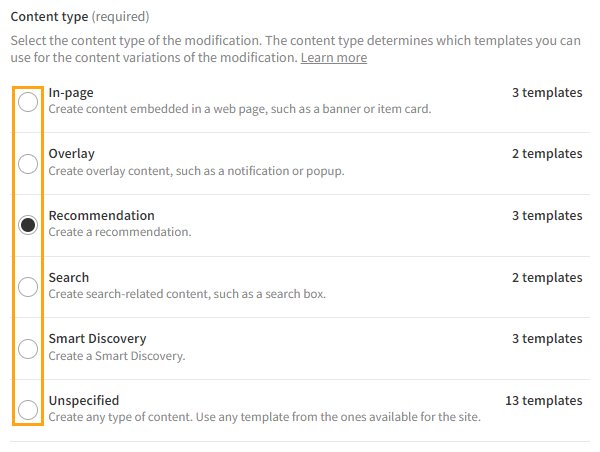 Selecting the content type of a modification