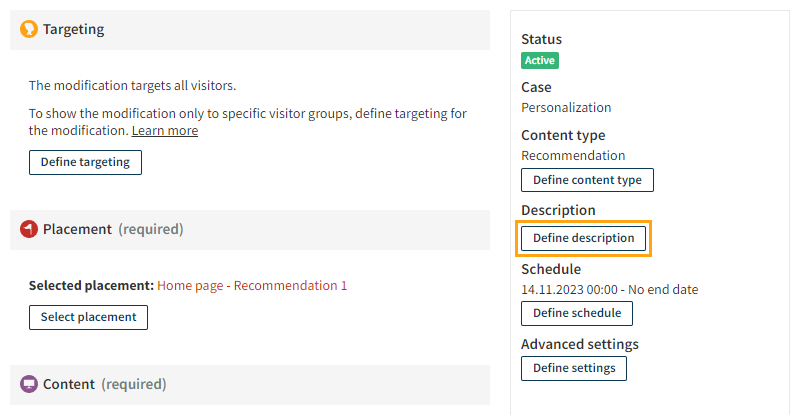 Defining the description for a modification