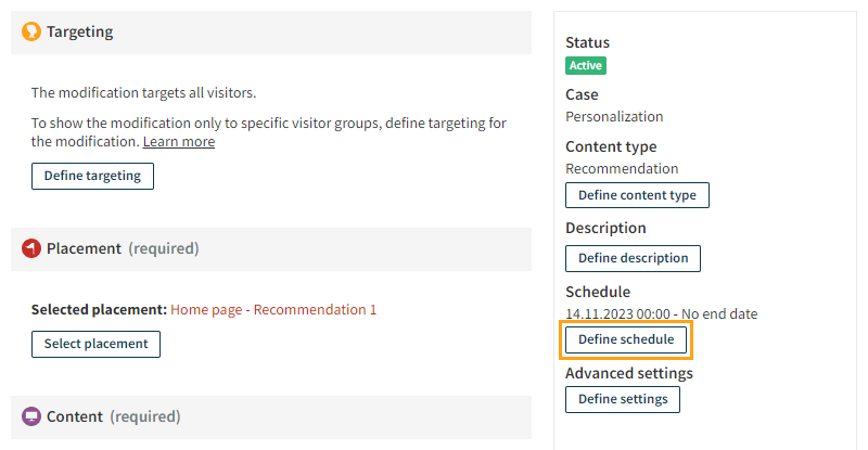 Defining the schedule for a modification