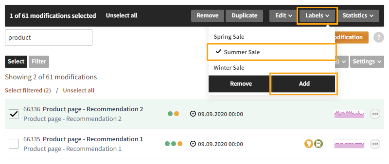 Adding a label to selected modifications