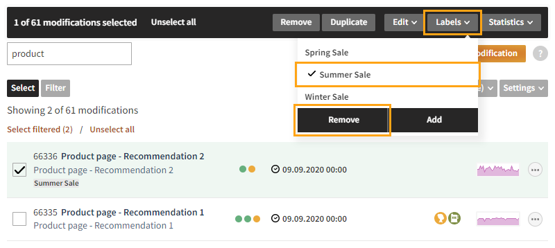 Removing a label from selected modifications