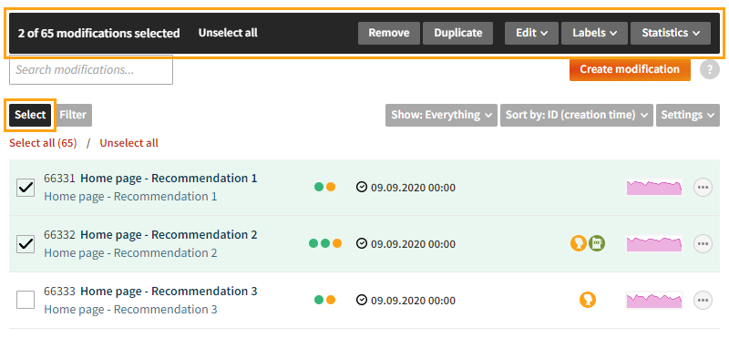 Selecting multiple modifications