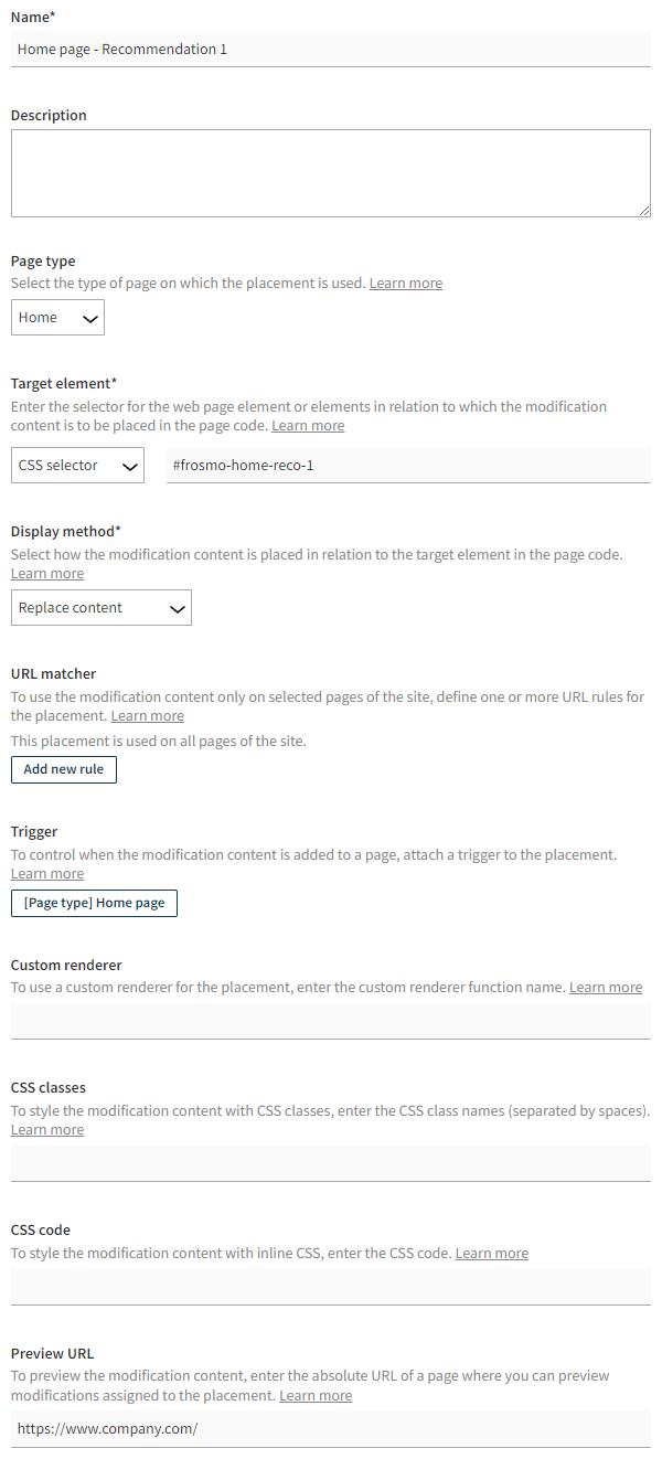 Defining the placement settings