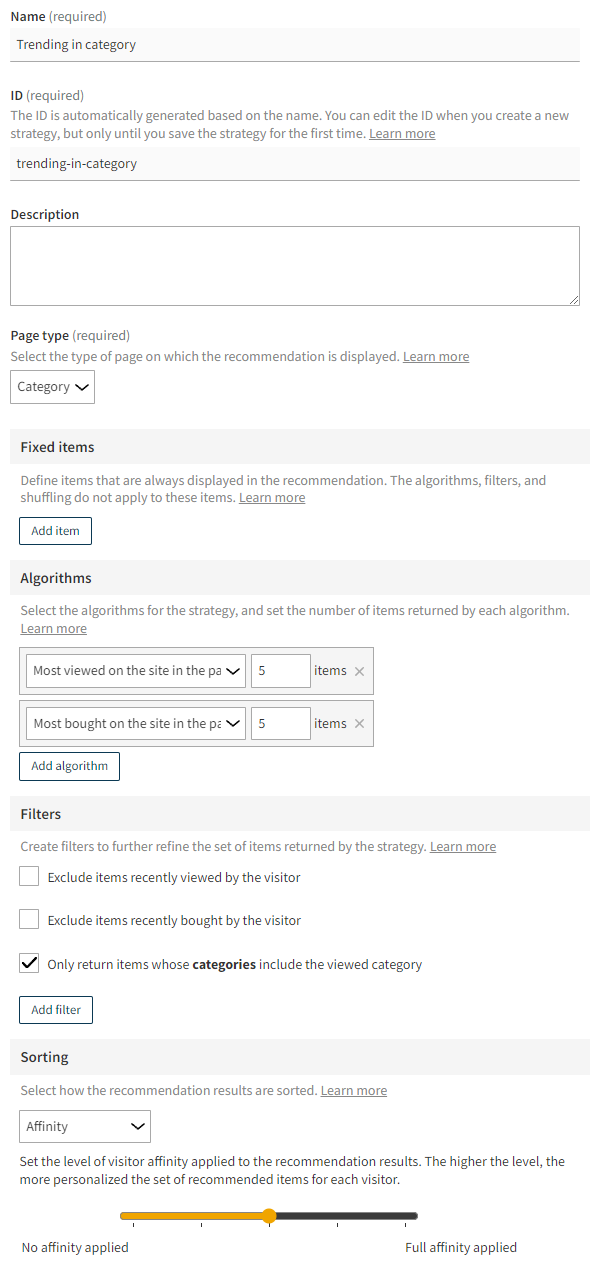 Defining the recommendation strategy settings