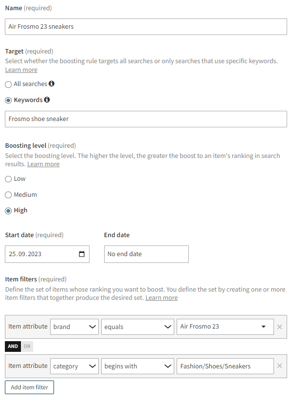 Defining boosting rule settings