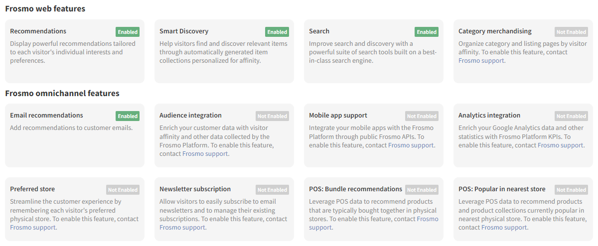 Frosmo features on a site dashboard for a retail site in the Frosmo Control Panel