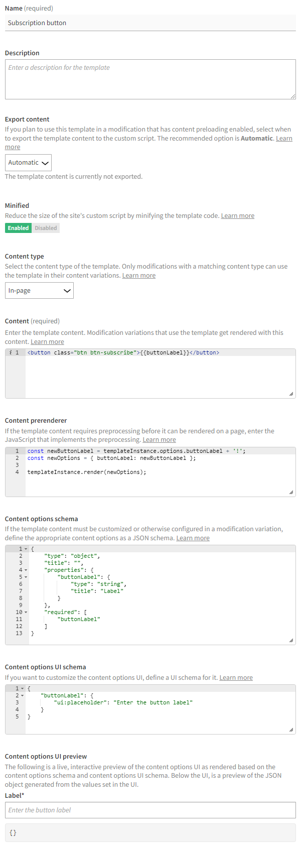 Defining the template settings