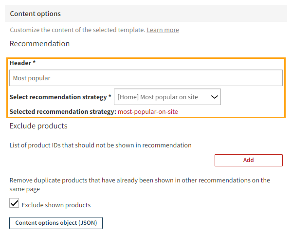 Defining the content for the recommendation modification