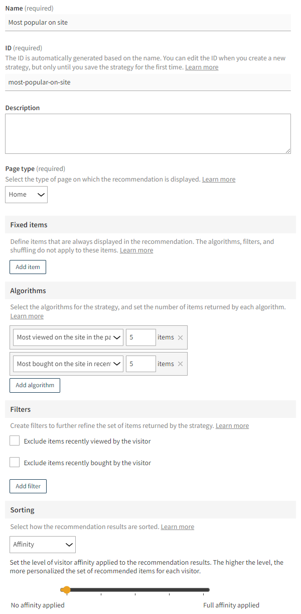 Settings for the existing recommendation strategy