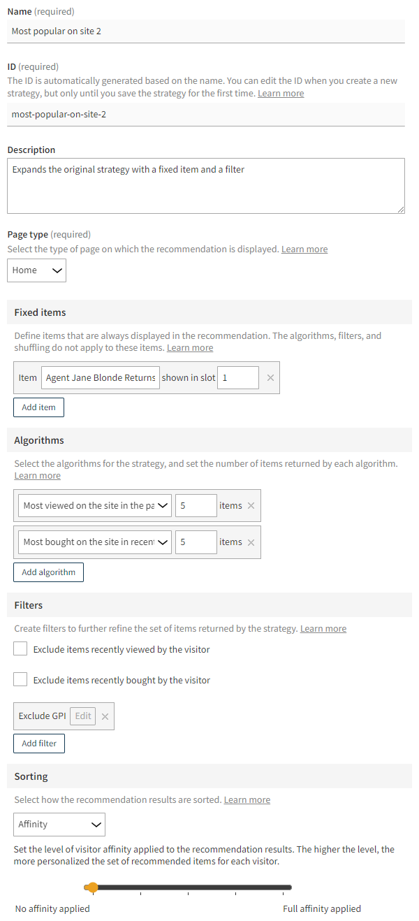 Recommendation strategy settings