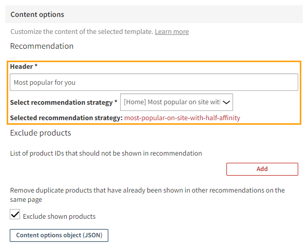 Defining the content for the recommendation modification