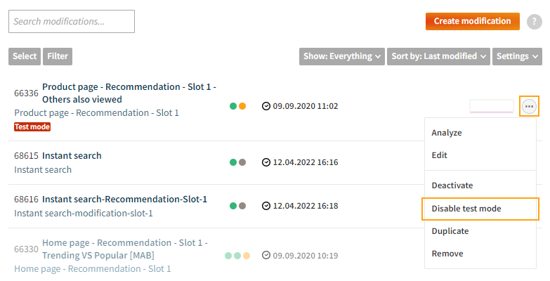 Disabling test mode for a modification