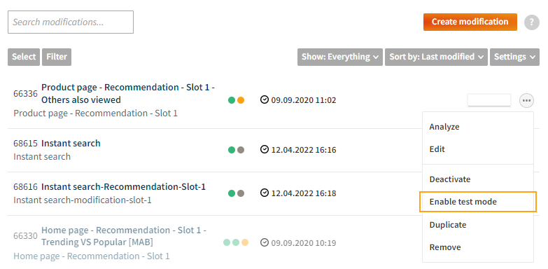 Enabling test mode for a modification