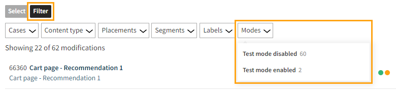 Filter modifications that have test mode enabled