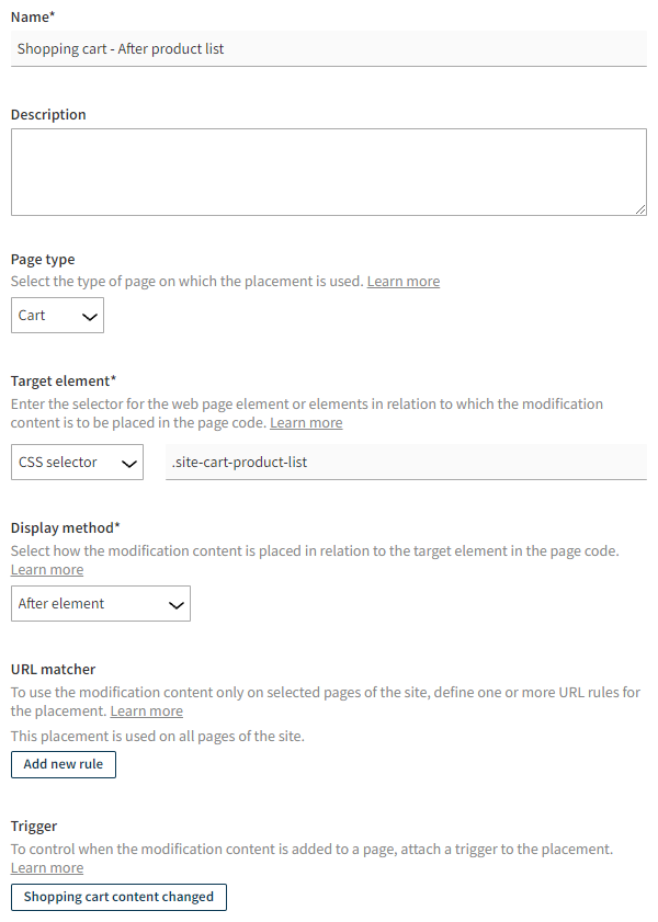 Defining the placement settings