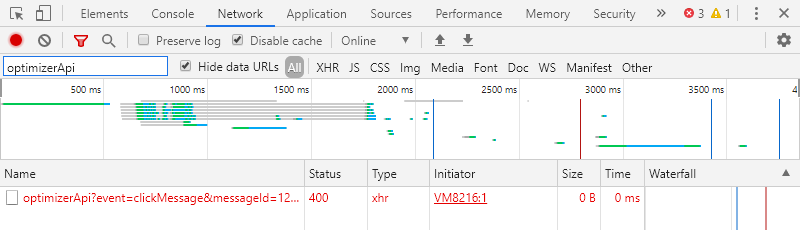 Failed Optimizer API request for a click