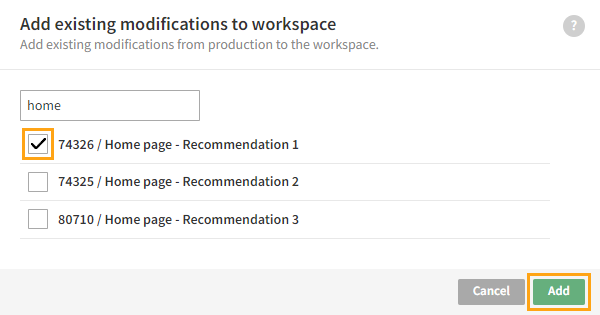 Adding existing modifications to a workspace